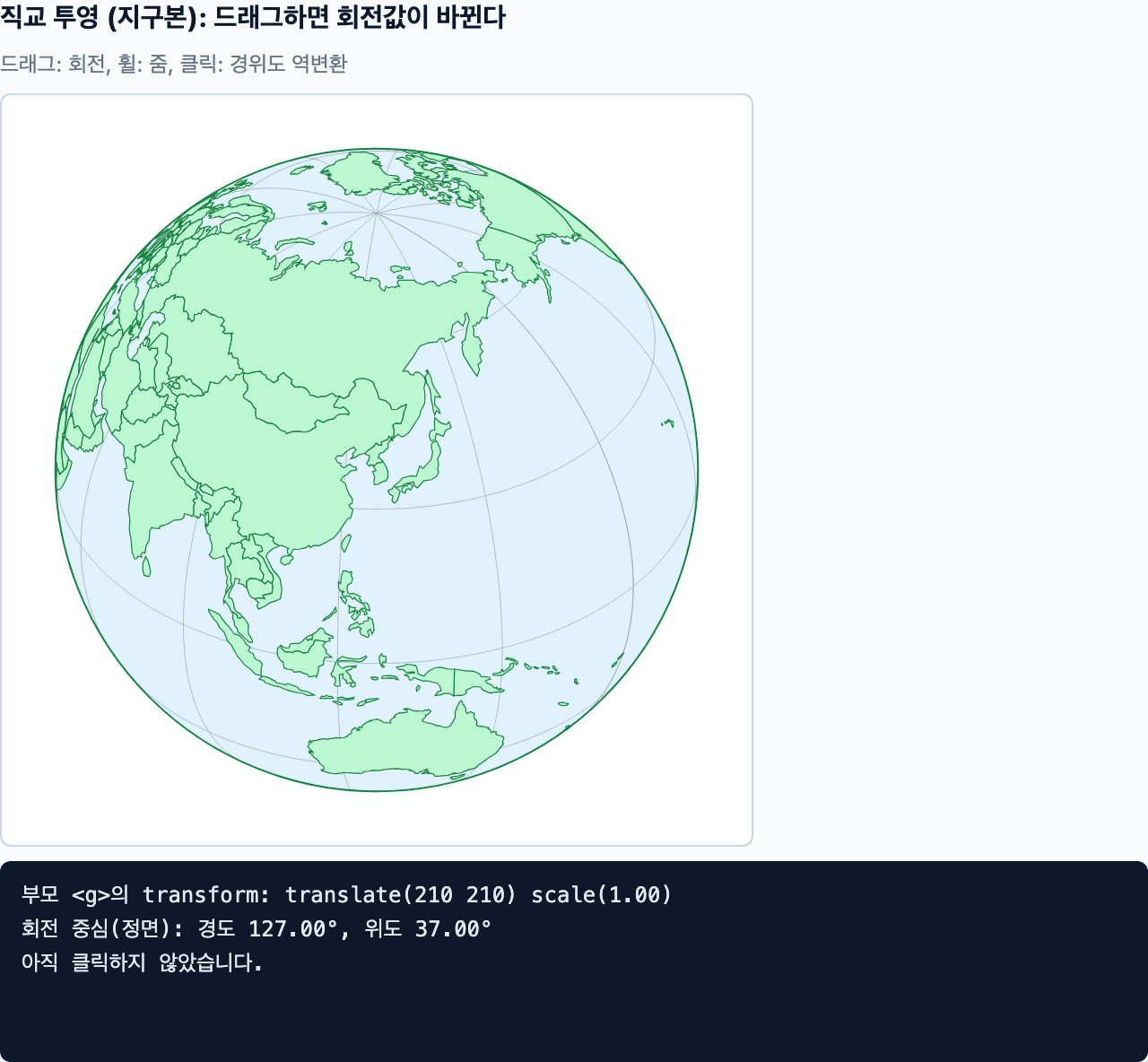 정면이 경도 127도, 위도 37도인 직교 투영 지구본. 한반도와 동아시아가 중앙에 보인다