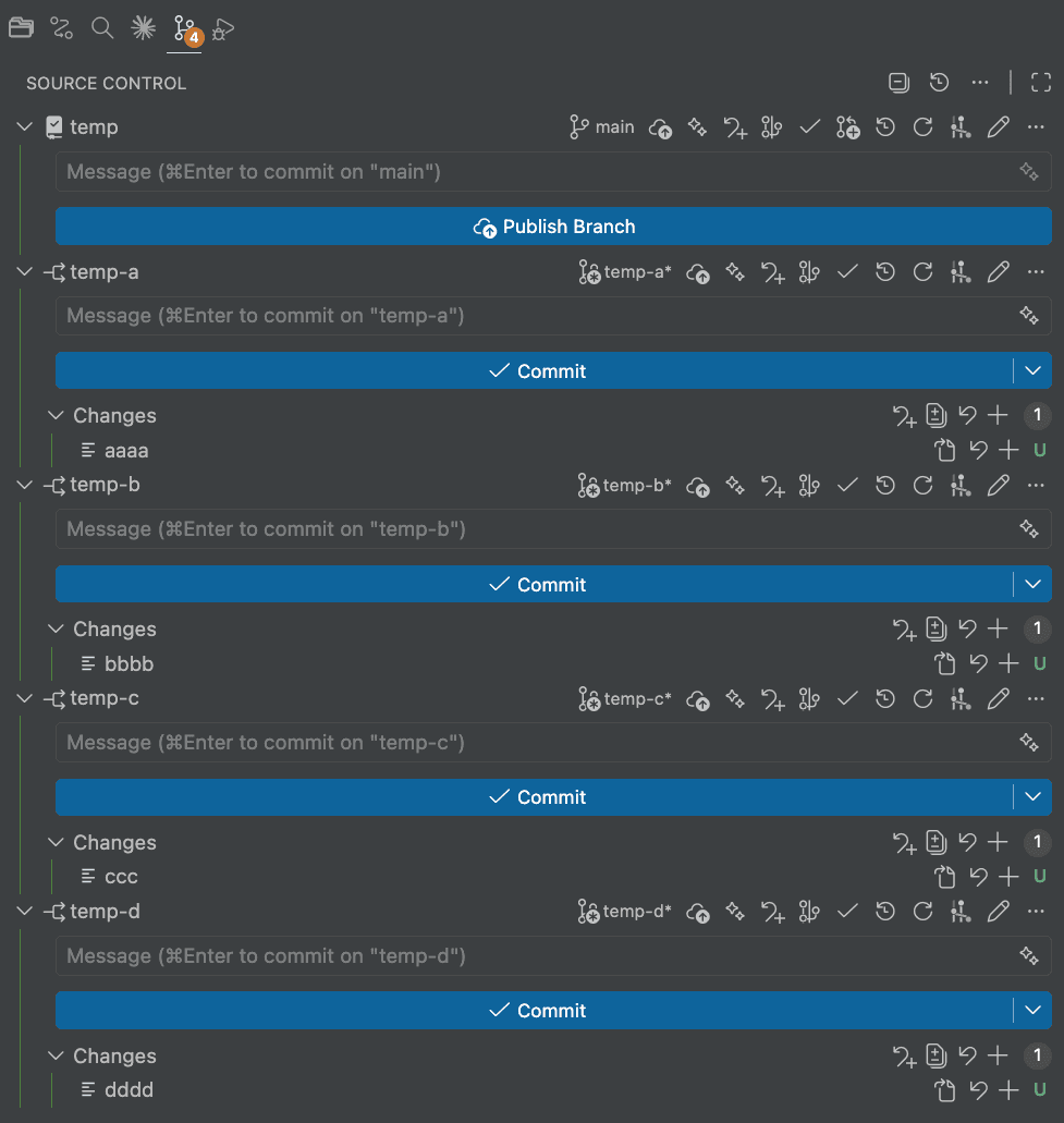 VS Code의 Source Control 기능으로 워크트리의 모든 변경사항을 한눈에 보여주는 모습